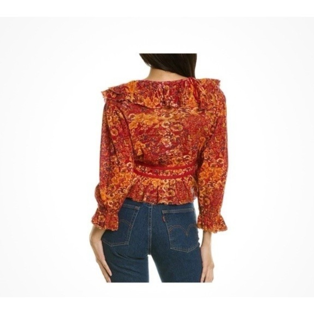 Free People Red Orange Floral Rudi Ruffle Cropped Long Sleeve Top - Picture 2 of 9